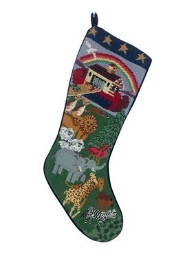 Vintage Needlepoint Handmade Noah’s Ark Christmas Stocking